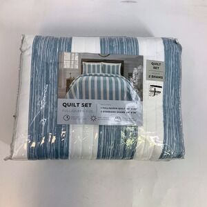 Truly Soft Aiden Full Queen Size Quilt Set Blue Stripe‎ 2 Standard Shams Bedding